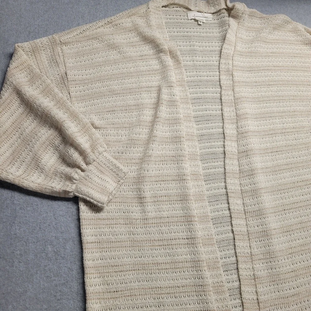 Anthropologie Cream Striped Pointelle Knit Open Front Cardigan Balloon Sleeve OS